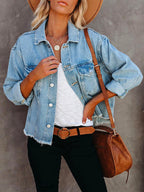 Raw Hem Button Down Short Denim Jacket