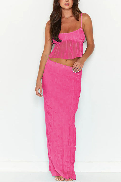 Ruffle Crop Cami Top Elastic Waist Maxi Skirt Set