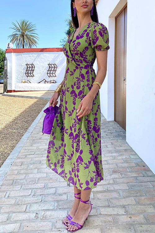 Cross V Neck Balloon Sleeves Printed Midi Dress