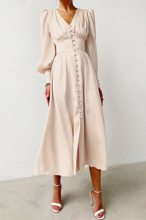 Deep V-Neck Bishop Sleeve Button Front Smocked Waist Midi Dress