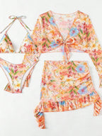 Floral Print Ruffled Bikini Four-Piece Set