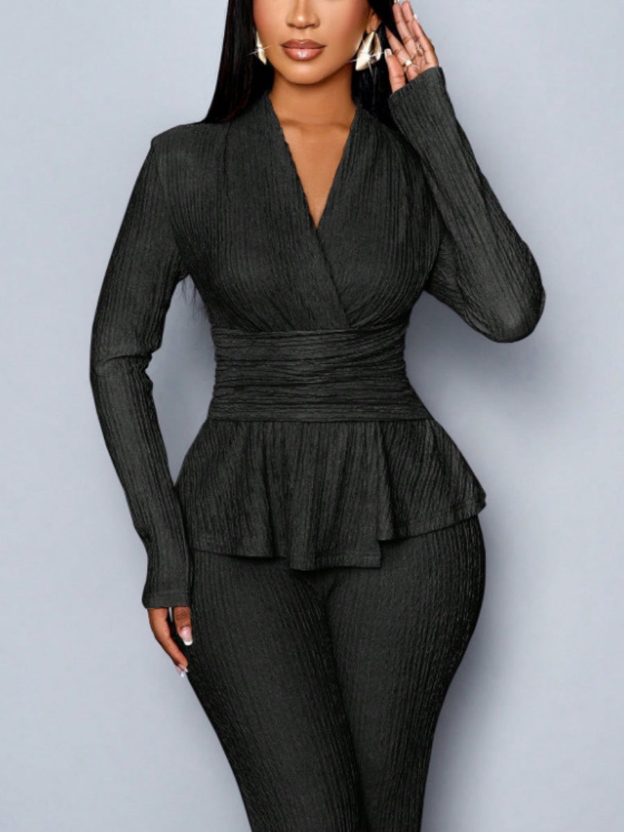 Long-sleeved, Irregular Hem, Fitted Top And Slimming Solid Color Trousers Two-piece Set