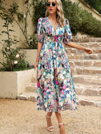 Floral Short Sleeve V-neck Vacation And Leisure Maxi Dresses