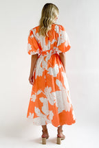 Abstract Geometric Print Deep V-Neck Puff Sleeve Cinched Waist Maxi Dress