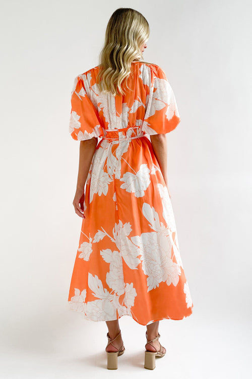 Abstract Geometric Print Deep V-Neck Puff Sleeve Cinched Waist Maxi Dress