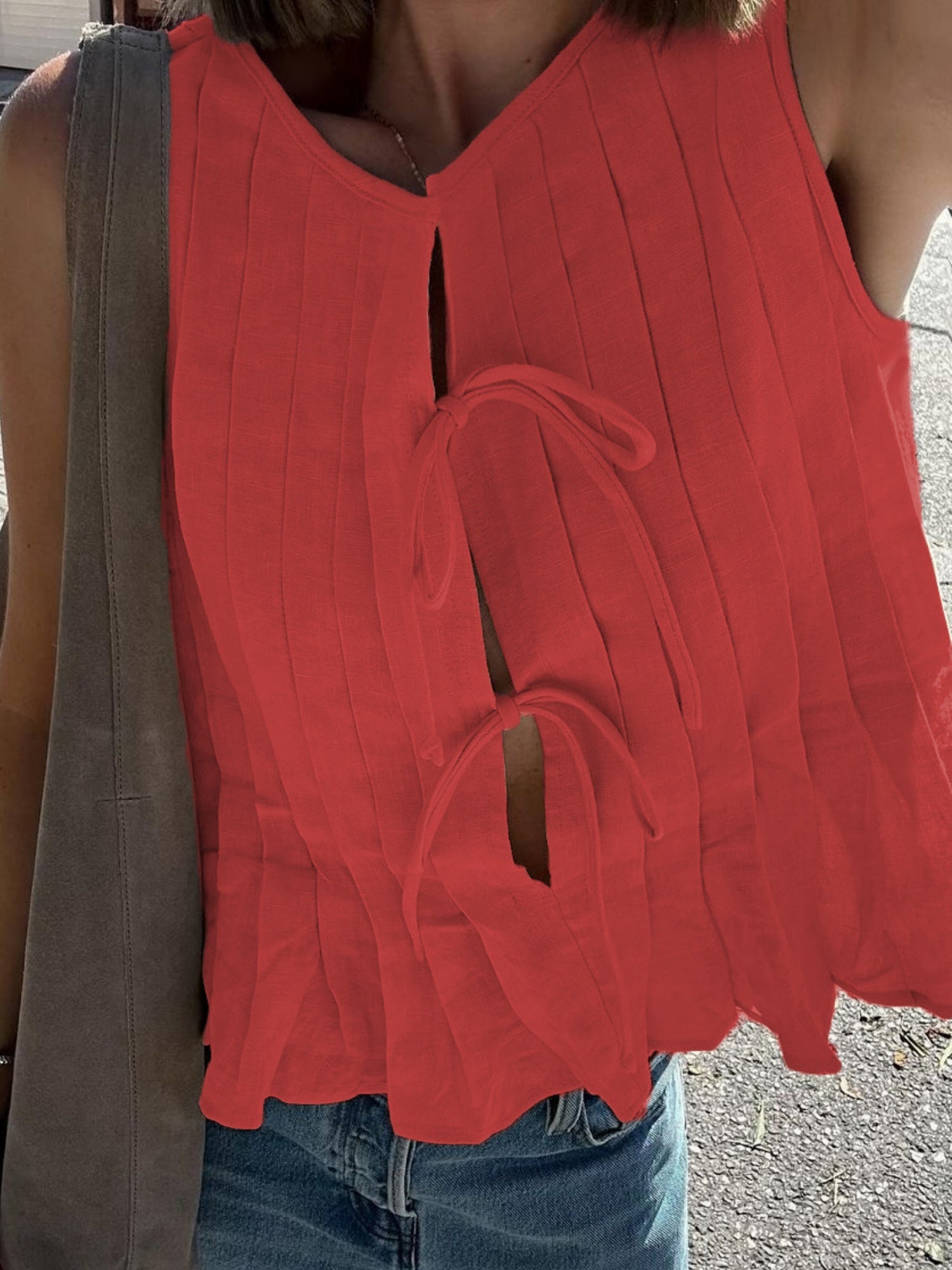 Cotton And Linen Straps Pleated Tank Tops