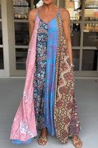 V Neck Color Block Printed Swing Maxi Cami Vacation Dress