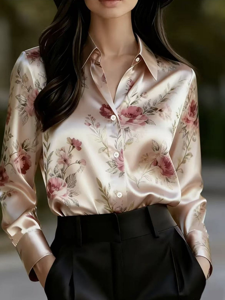 Printed Single-breasted Slim-fit Satin Casual Shirts