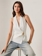 Satin V-neck Lace Up Sleeveless Shirts Tank Tops