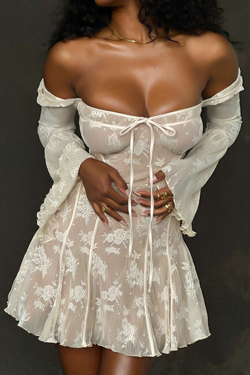 Square Neck Corset Tie Front Floral Lace Bell Sleeve Mini Dress