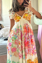 V Neck Open Back Ruffle Trim Color Block Floral Maxi Holiday Dress