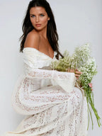 Lace Hollow Off Shoulder Flared Sleeves Hip-hugging Maxi Dresses