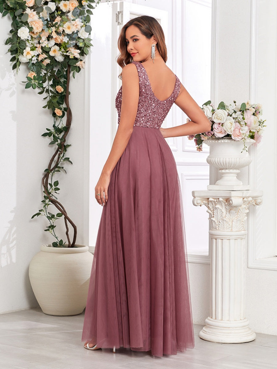 V-neck Embroidery Sequins Elegant Gauze Formal Dress Maxi Dresses