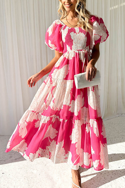 Off Shoulder Puff Sleeves Tiered Printed Midi Swing Dress