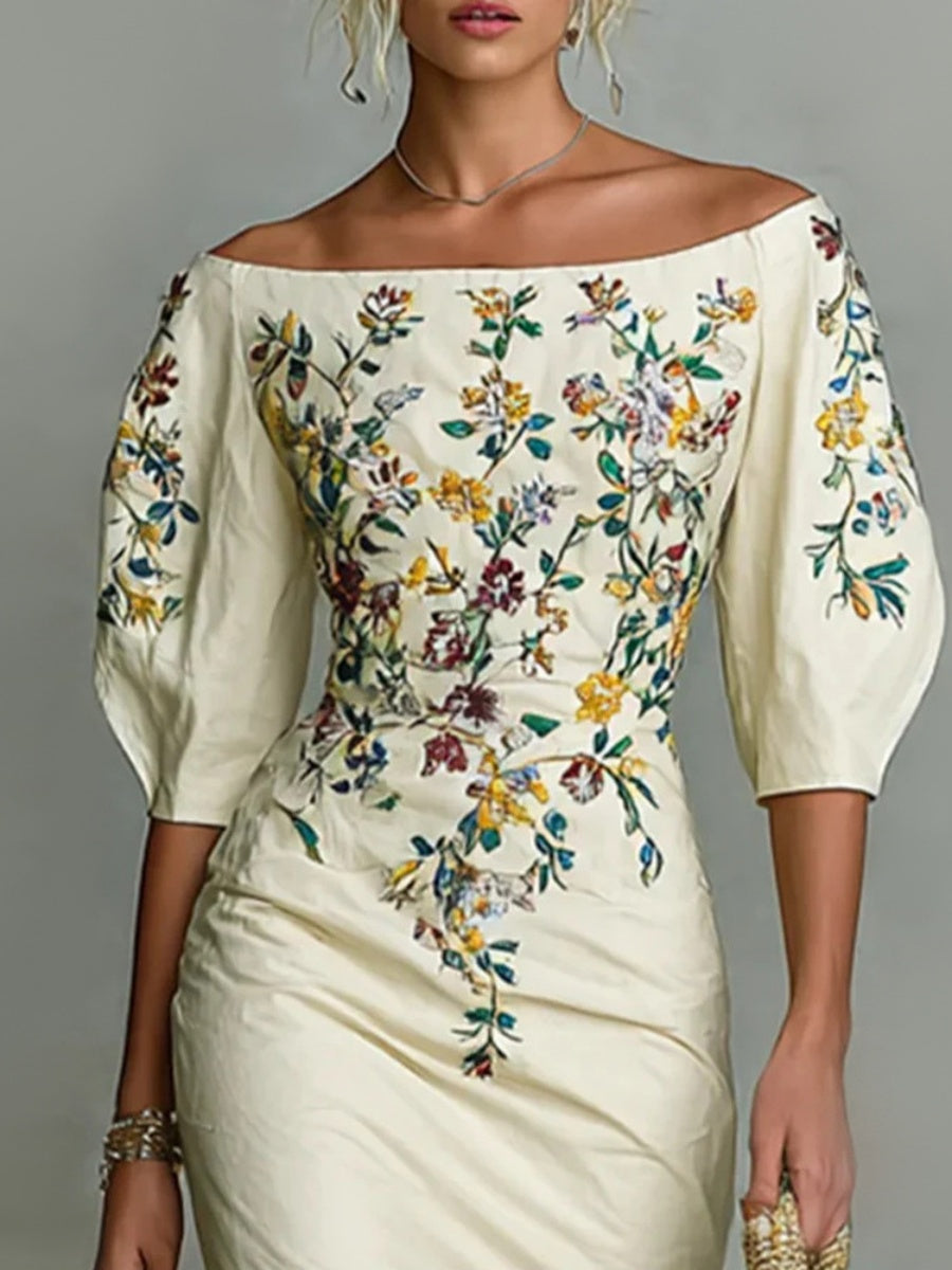 Off Shoulder Off-shoulder Printed Half Sleeves Hip-hugging Temperament Midi Dresses