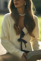 V Neck Bow Tie Front Elegant Sweater