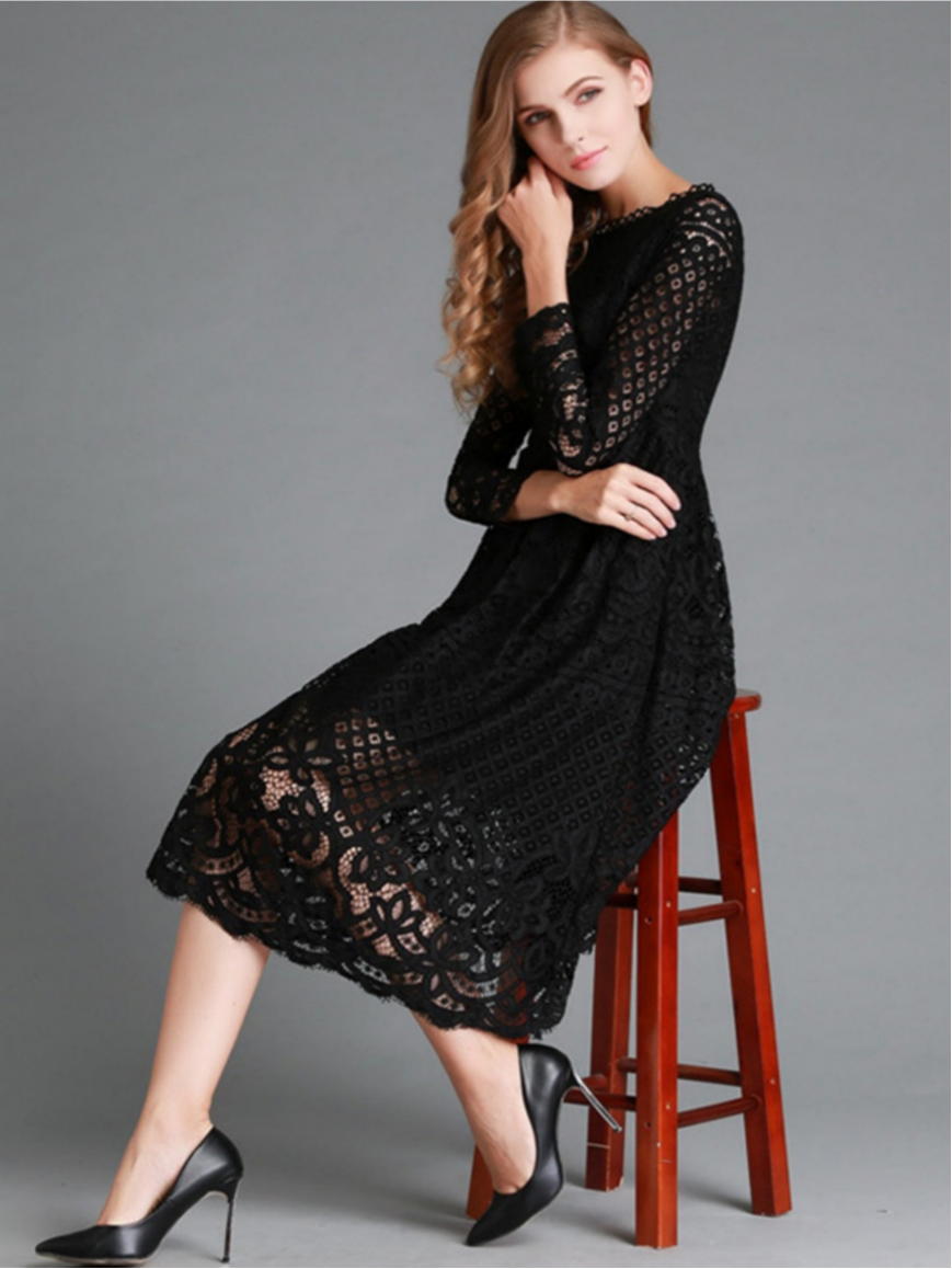 Round Neck Lace Long Sleeve Slim Midi Dress