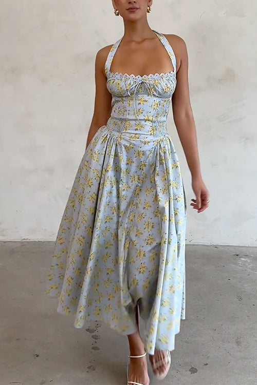 Tie Knot Halter Floral Print Swing Midi Sundress