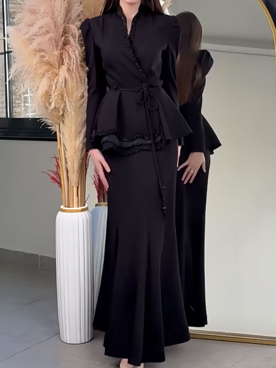 V-neck Tie-front Blazer And High-waisted Slimming Skirt Two-piece Set