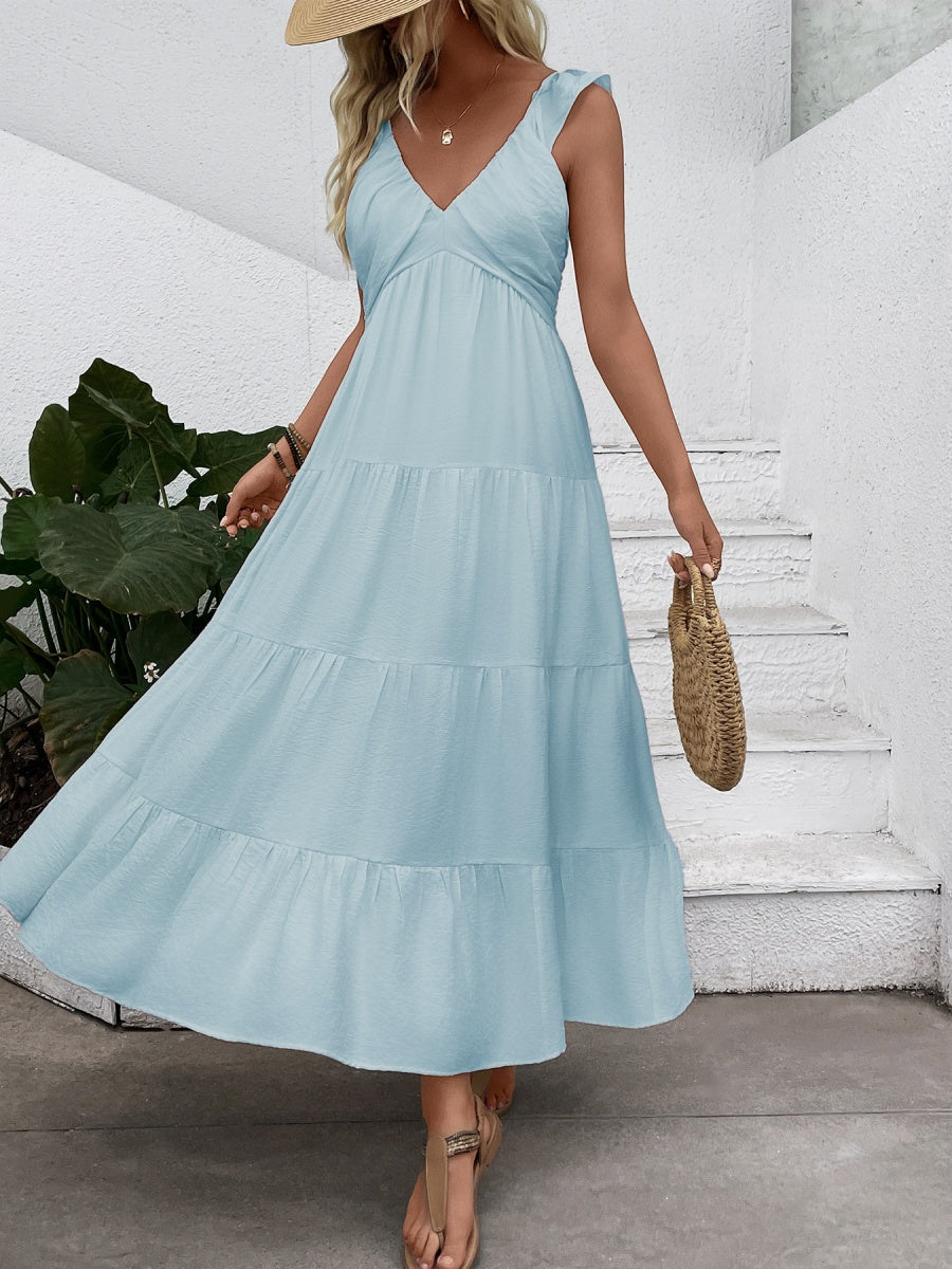 V-neck Pleats Comfort Gentle Maxi Dresses