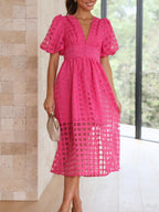 Balloon Sleeve Color Hollow Temperament Midi Dresses
