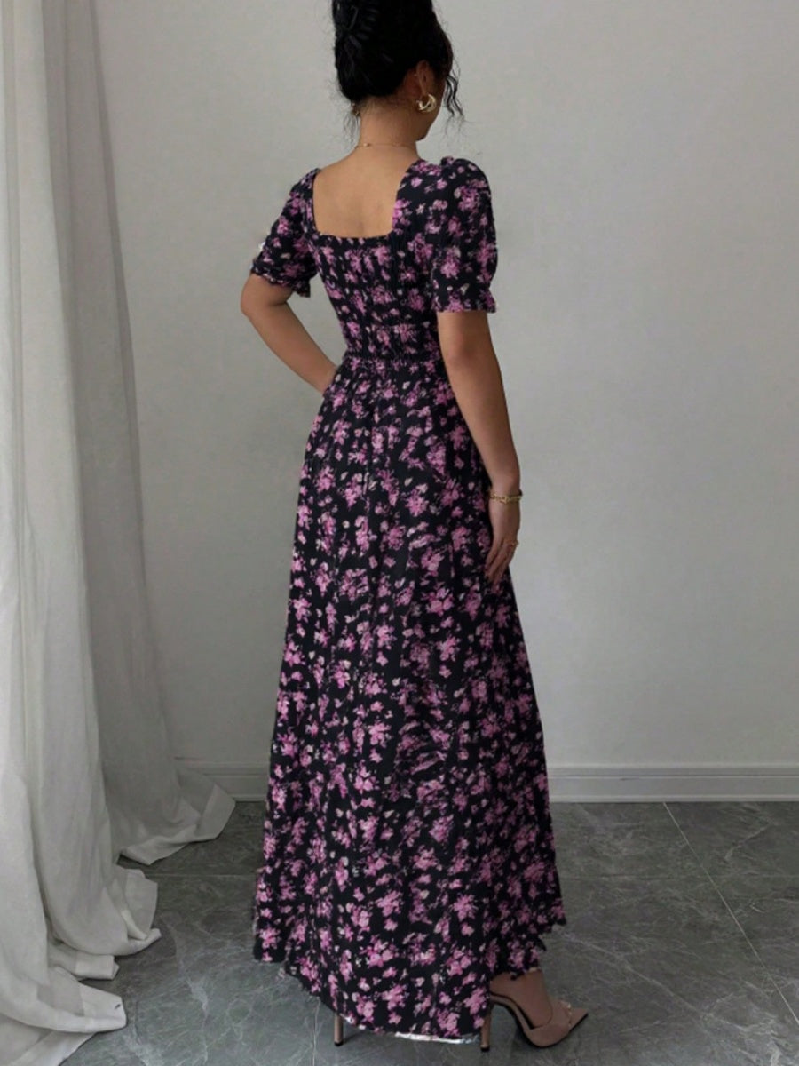 Floral Short Sleeve Square Collar Ruffle Vacation And Leisure Maxi Dresses