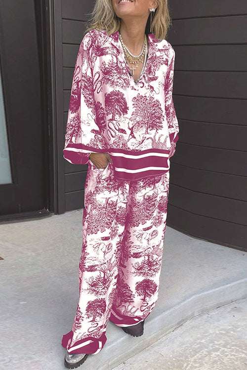 Lapel V Neck Long Sleeves Shirt Wide Leg Pants Printed Casual Set