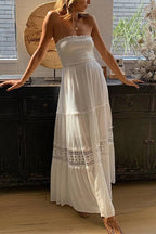 Strapless Tube Hollow Out Lace Splice Tiered Maxi Dress