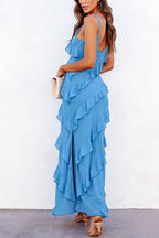 V Neck Side Slit Frills Maxi Cami Dress