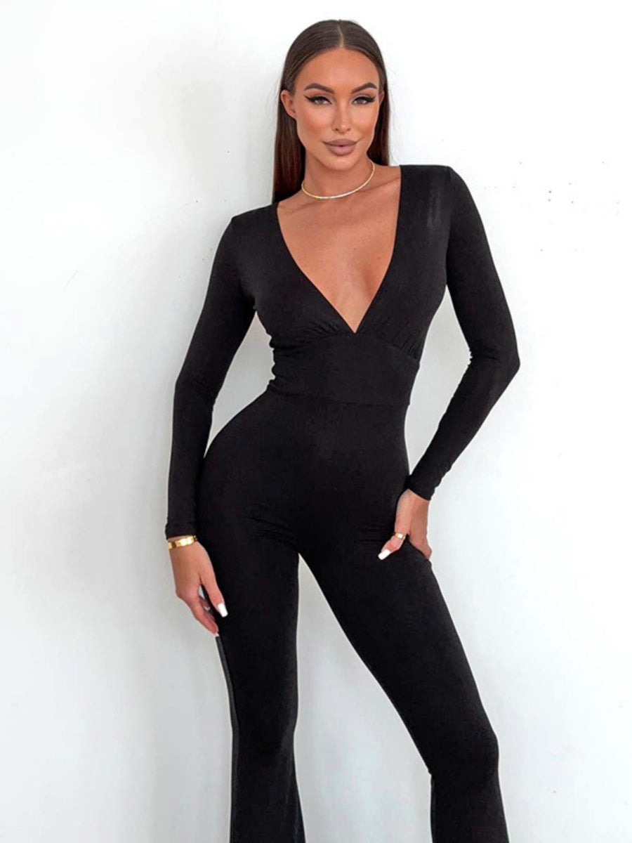 Slim-fit Deep V-neck Long-sleeved Flared Jumpsuit