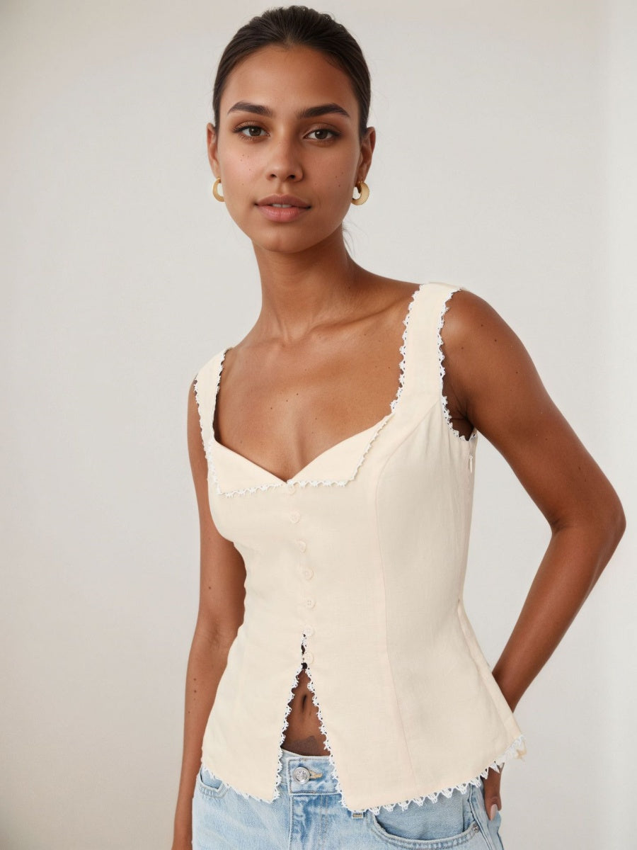 Retro Cotton And Linen Lace Patchwork Button Tank Tops