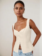 Retro Cotton And Linen Lace Patchwork Button Tank Tops