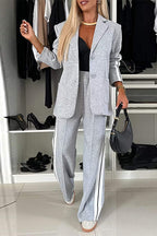 Patchwork Notch Lapel Pocketed Blazer Elastic Waist Wide Leg Pants Casual Set