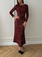 Round Neck Long Sleeve Allover Sequin Sheath Midi Dress