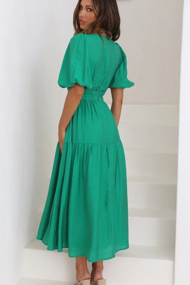Deep V-Neck Smocked Waist Puff Sleeve Tiered Midi Dress