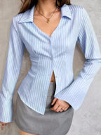 Flared Sleeves Slim-fit Lapel Stripes Shirts