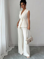 Buttons White V-neck Tank Tops Suit Trousers 2-piece Sets