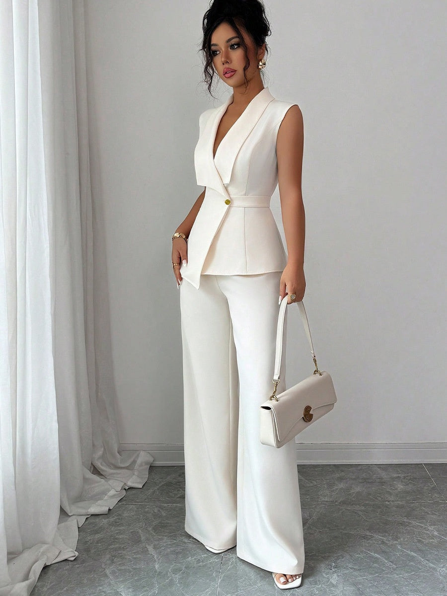 Buttons White V-neck Tank Tops Suit Trousers 2-piece Sets