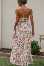 Floral Print Halter Deep V-Neck Tiered Ruffle Maxi Dress