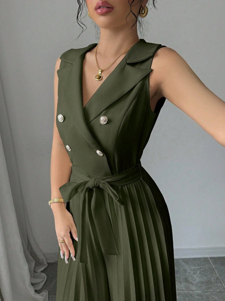 Commuting Suit Collar Pleated Pants Double-breasted Jumpsuits