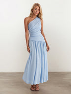 Sloping Shoulders Blue Asymmetrical Instagram Style Maxi Dresses