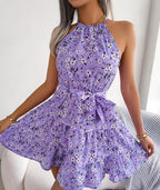 Sleeveless Floral Print Bow Waist Ruffle Mini Dress
