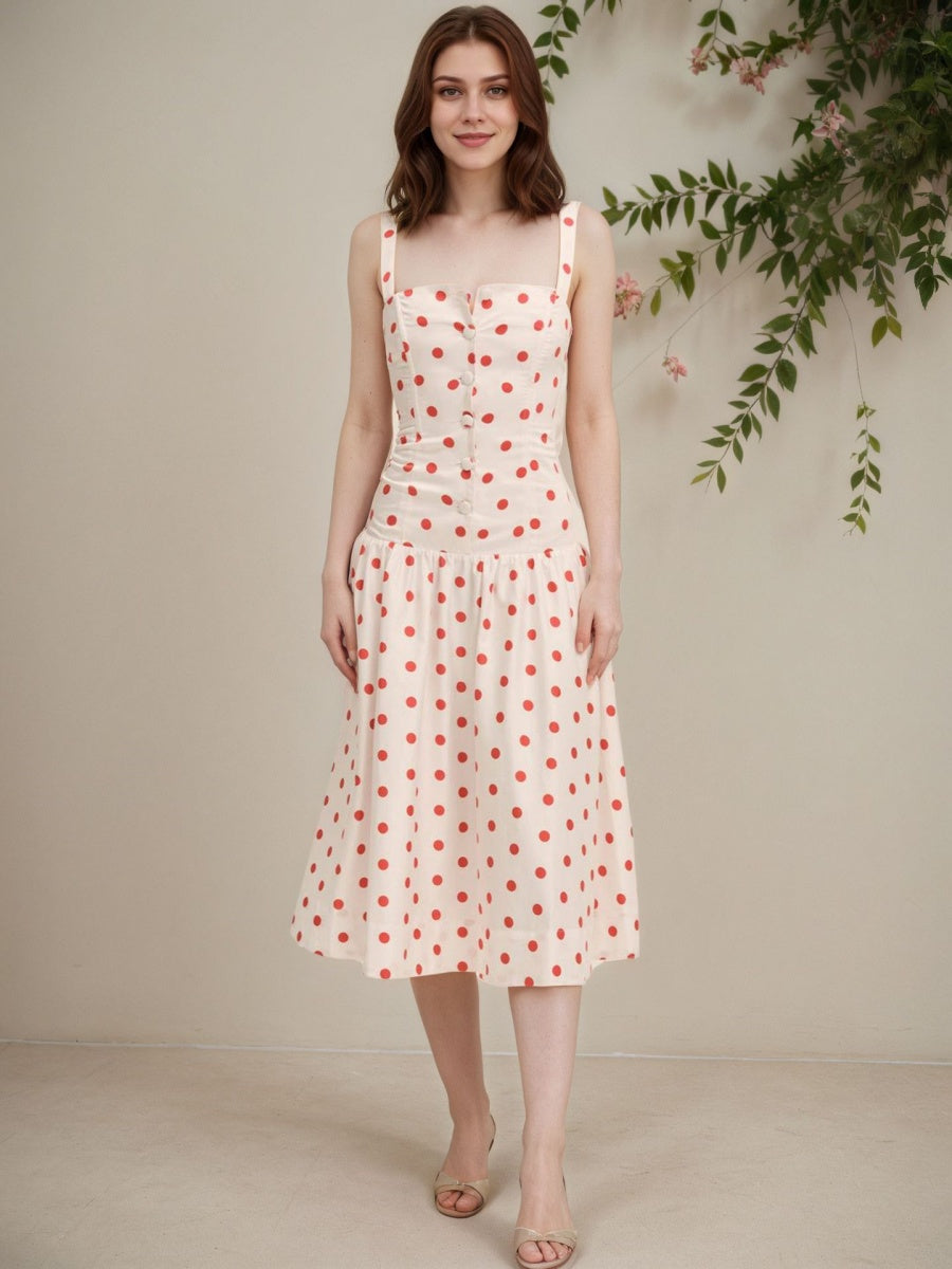 Red Polka Dots Retro Buttons Maxi Dresses