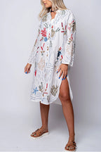 V Neck Long Sleeves Side Split Embroidery Shirt Dress