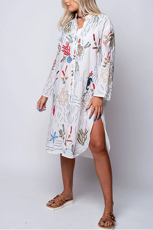V Neck Long Sleeves Side Split Embroidery Shirt Dress