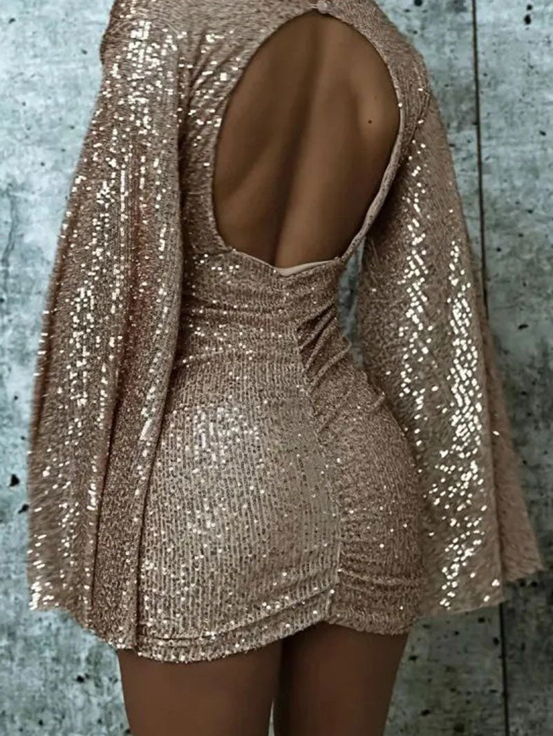 V-neck Bodycon Short Dress With Asymmetrical Hem And Sequins