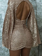 V-neck Bodycon Short Dress With Asymmetrical Hem And Sequins