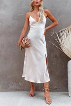 Adjustable Strap V Neck Slit Midi Dress