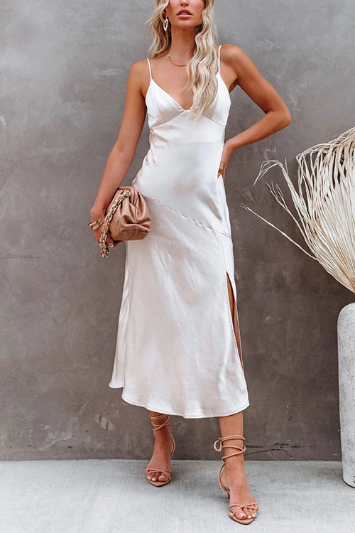 Adjustable Strap V Neck Slit Midi Dress