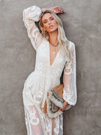 Lace Long-sleeved V-neck Solid Color Chiffon Long Dress
